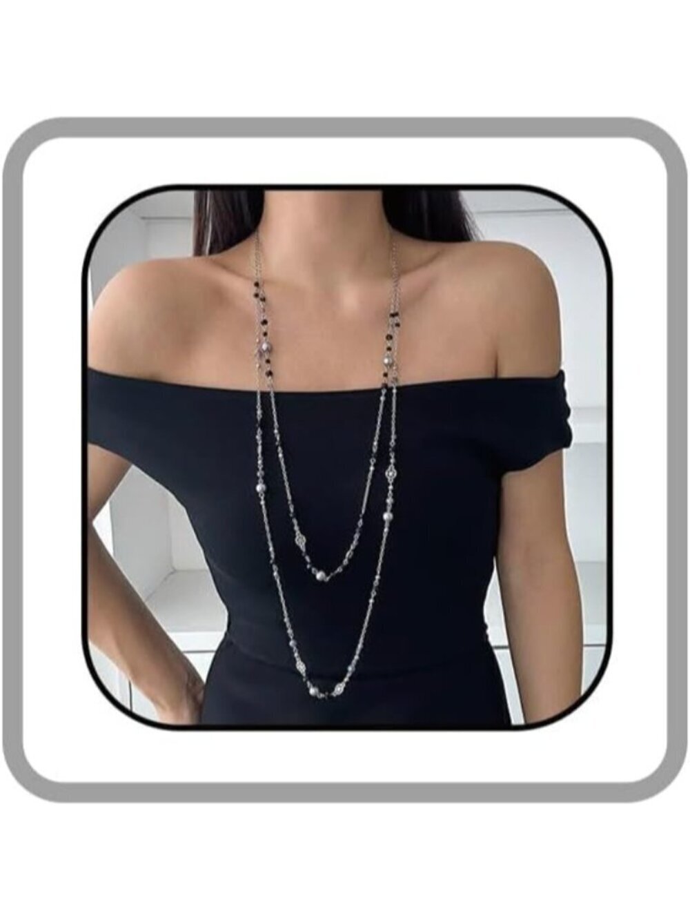 Women's Black Metal Layered Pearl Statement Sweater Long Pearl Necklaces